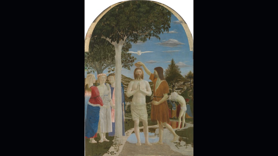 Piero della Francesca《The Baptism of Christ》全画：基督站在中央，圣灵位于头顶，人物与远景沿中轴展开。